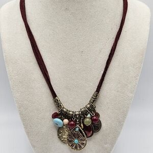 VINTAGE 2028 Gold Tone Charm Beaded Suede Cord Necklace